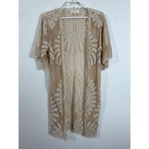 Rebellion Duster Womens Small Beige Embroidered Sheer Boho Whimsigoth Kimono Top